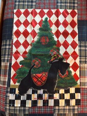 MacKenzie-Childs Black Scottie Dog Holiday Towel - Red, Green, Gold